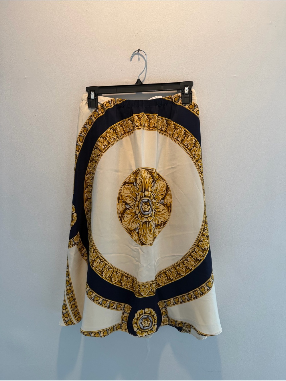 YB J’Amie Cream & Navy Baroque Print Midi Skirt